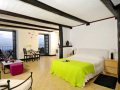 Open plan living area with double bed