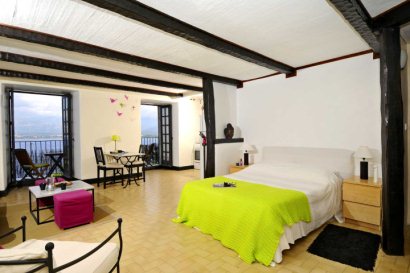 Open plan living area with double bed